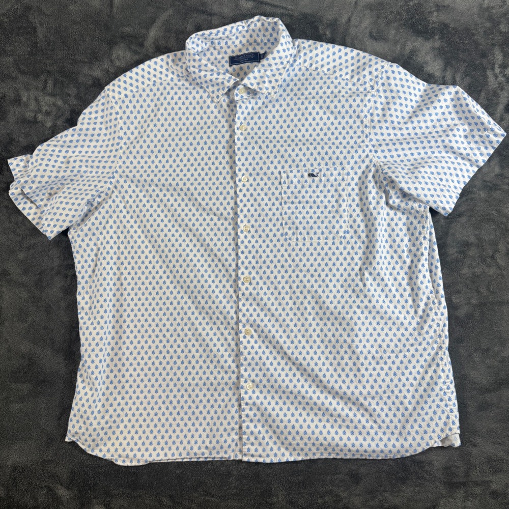 Vineyard Vines Mens XXL Short Sleeve Button Down Shirt Blue White Leaf Print